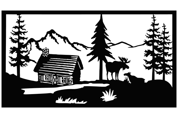 A black steel wall art piece depicting a serene scene with a moose family next to a rustic cabin. In the background, there are detailed cutouts of mountains and trees, creating a lifelike nature scene. The intricate laser-cut design adds depth and dimension, making it an eye-catching decor piece ideal for nature lovers.